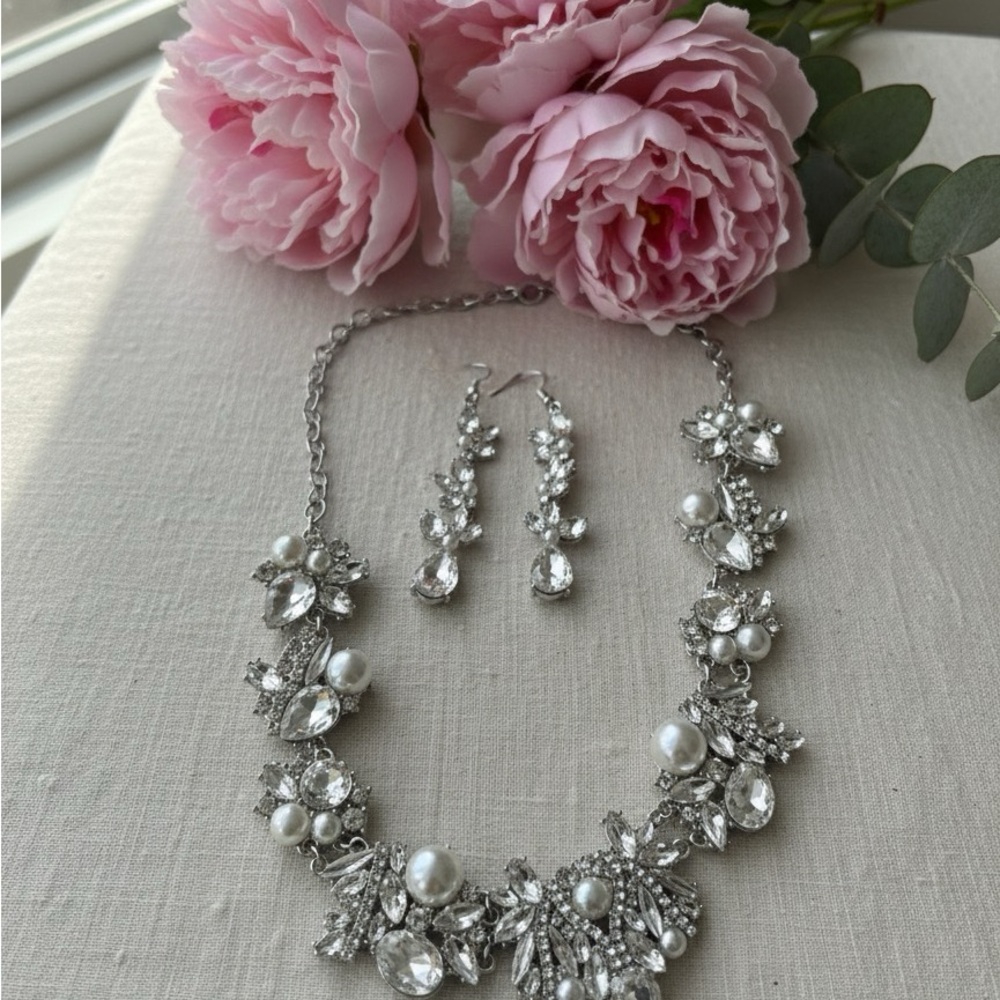 Elegant Silver and Pearl Necklace and Earring Set